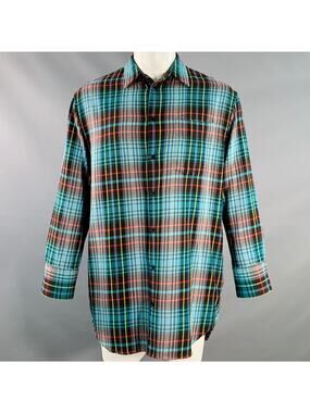 ASPESI Aqua Multi Color Plaid Cotton Oversized Longline Long Sleeve Shirt
